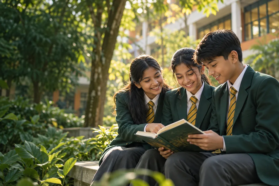 Illustration of schoolchildren sharing a book in a green school courtyard